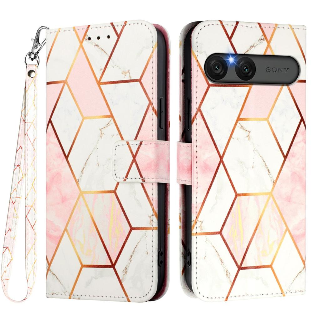  Sony Xperia 10 VII Fodral Läder Marmor Rosa / Vit