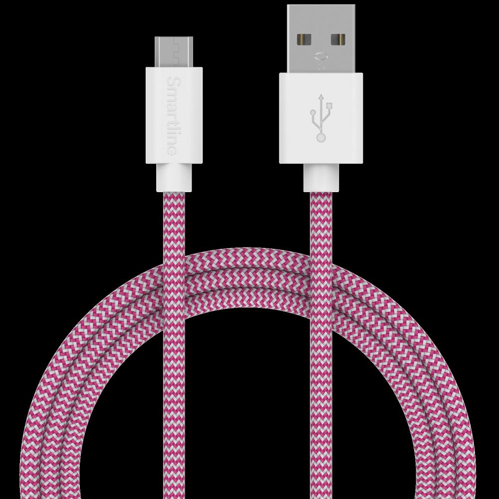 Smartline Smartline 2m Micro USB Nylon Laddningskabel Rosa/Vit