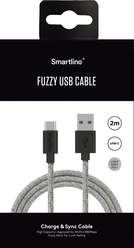Smartline Smartline 2m 3A USB-C Fuzzy Laddningskabel Grå