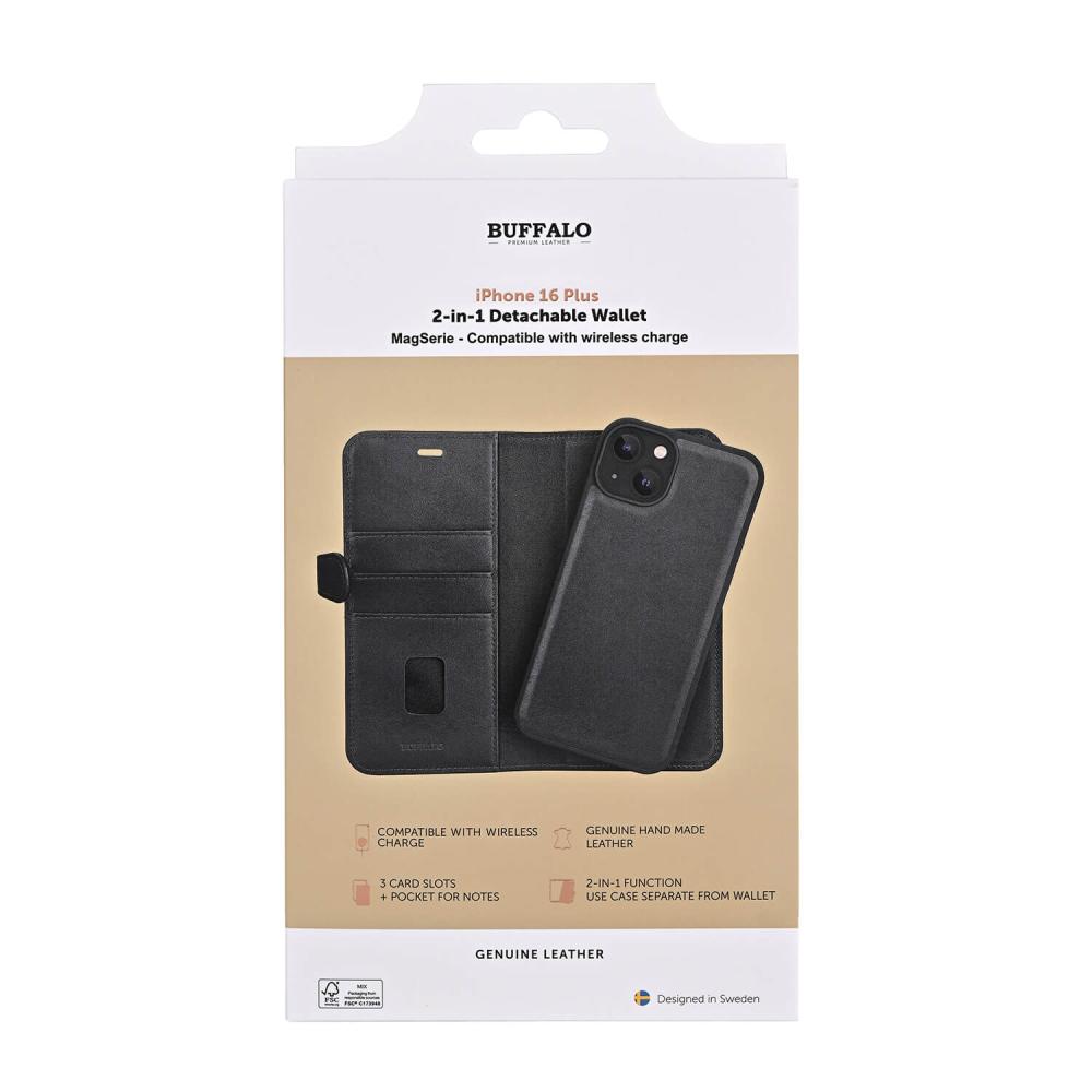 Buffalo Buffalo iPhone 16 Plus Fodral MagSafe 2in1 Äkta Läder Svart