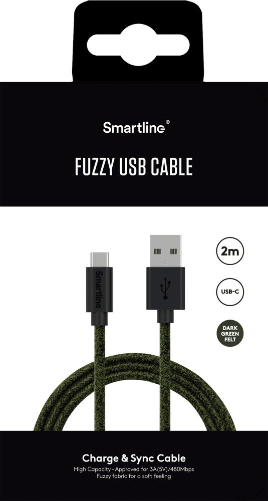 Smartline Smartline 2m 3A USB-C Fuzzy Laddningskabel Grön