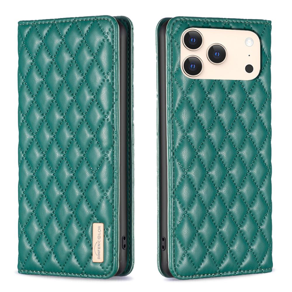 BINFEN BINFEN iPhone 17 Pro Fodral Flip Diamond Läder Grön
