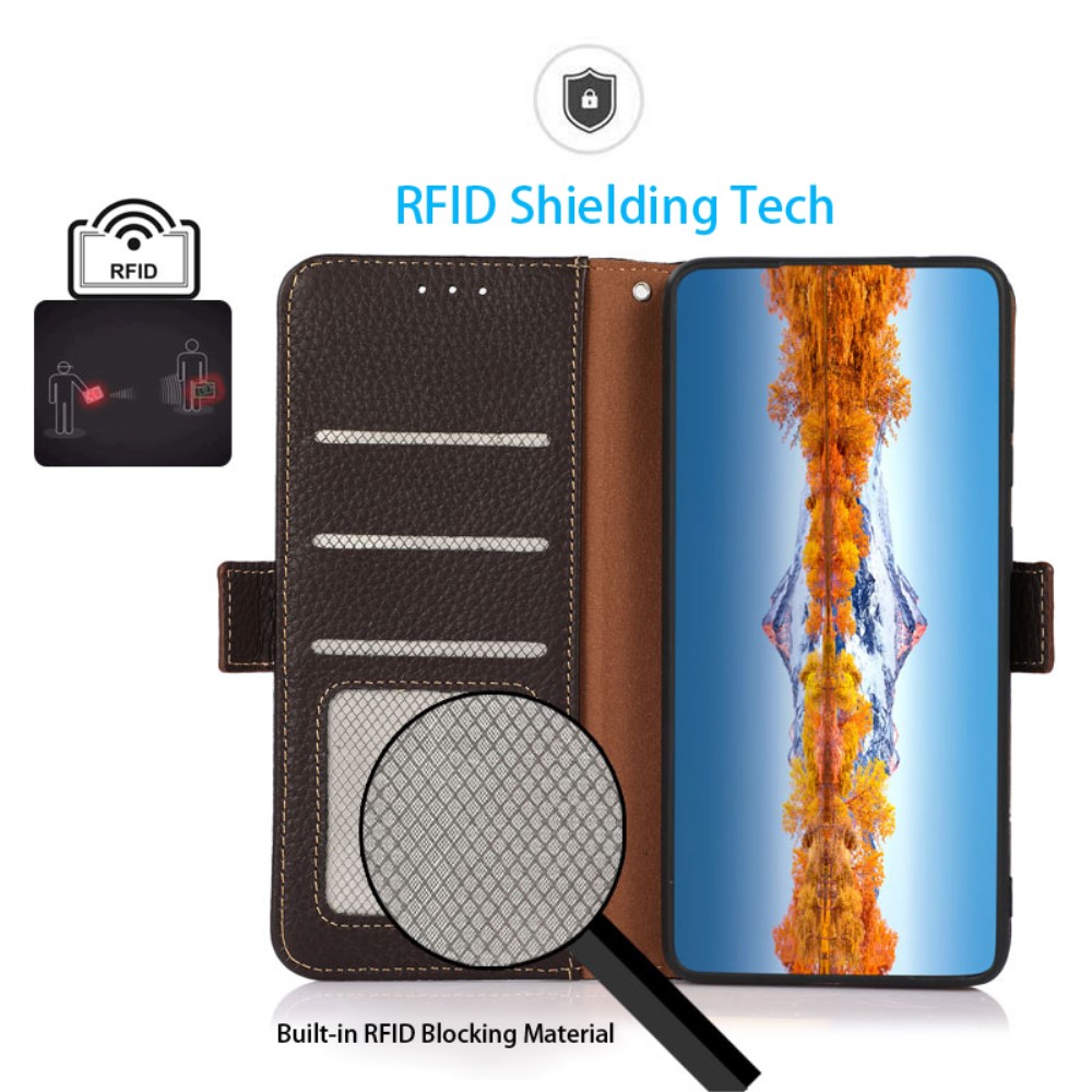 KHAZNEH KHAZNEH Galaxy S23 Fodral RFID Litchi Äkta Läder Brun