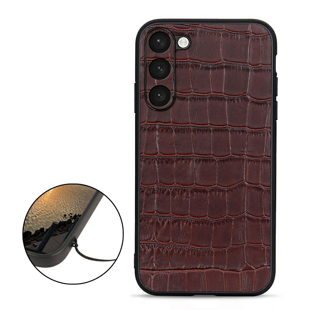  Samsung Galaxy S23 Skal Äkta Läder Krokodil Textur Brun