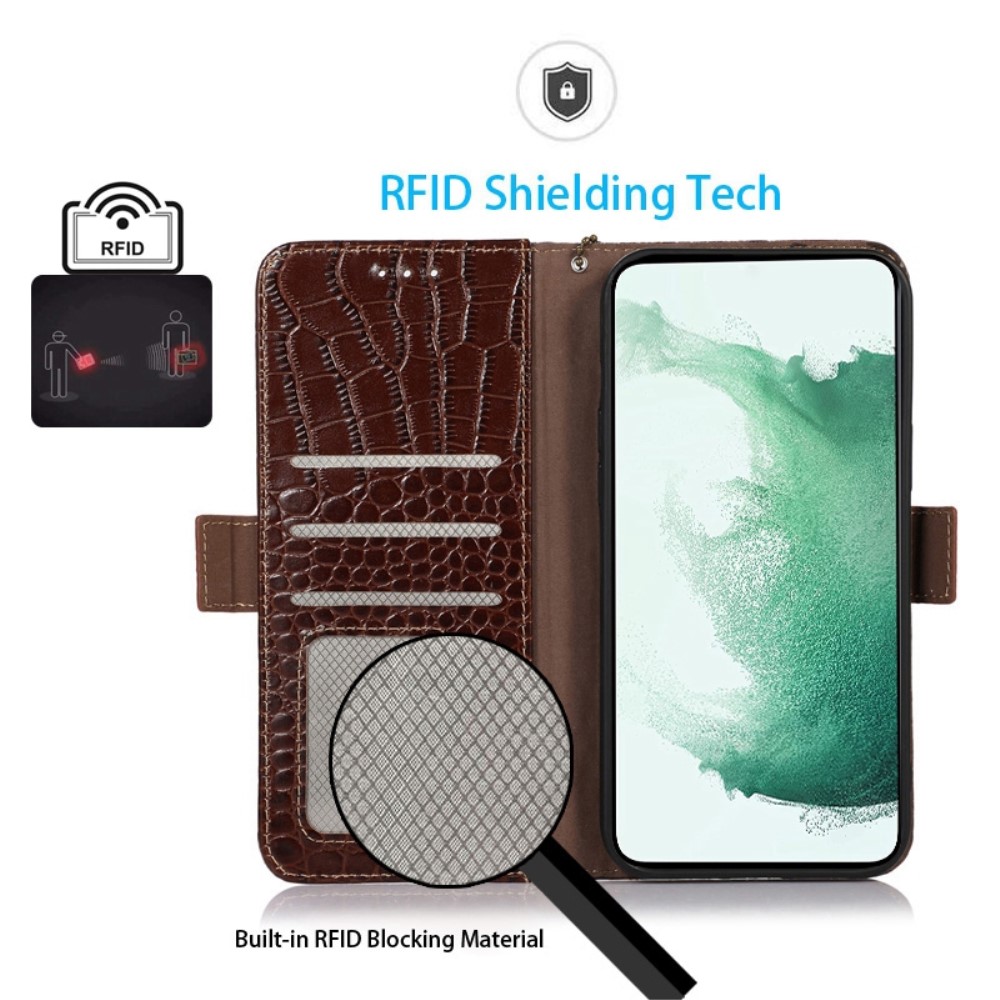  Galaxy S23 Plus Fodral Äkta Läder Krokodil Textur Brun