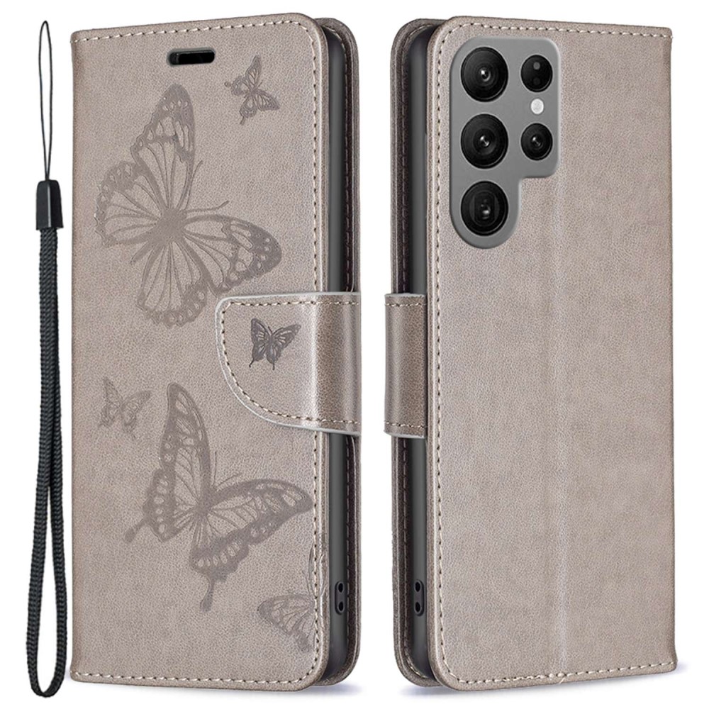  Samsung Galaxy S23 Ultra Fodral Tryckta Fjärilar Grå