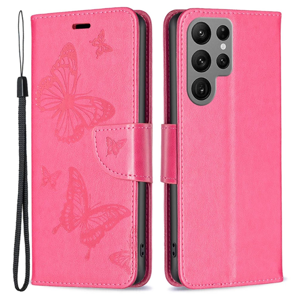  Samsung Galaxy S23 Ultra Fodral Tryckta Fjärilar Rosa