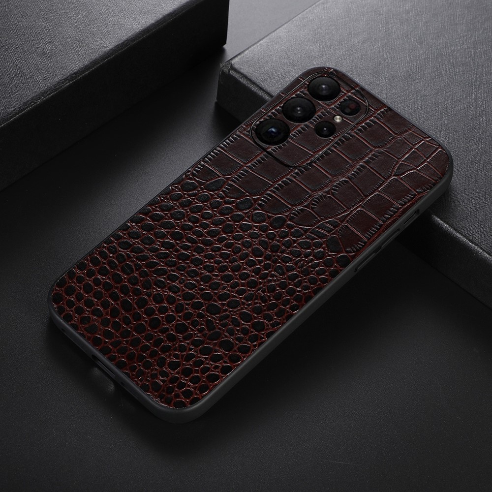  Samsung Galaxy S23 Ultra Skal Äkta Läder Krokodil Textur Brun