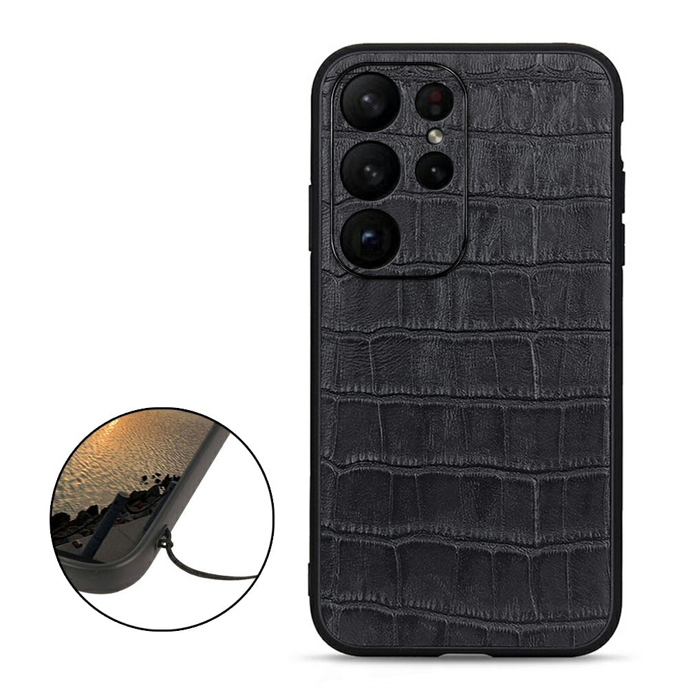  Samsung Galaxy S23 Ultra Skal Äkta Läder Krokodil Textur Svart