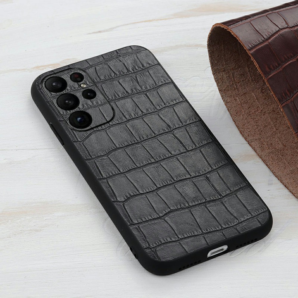 Samsung Galaxy S23 Ultra Skal Äkta Läder Krokodil Textur Svart