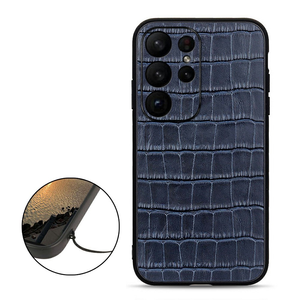  Samsung Galaxy S23 Ultra Skal Äkta Läder Krokodil Textur Blå
