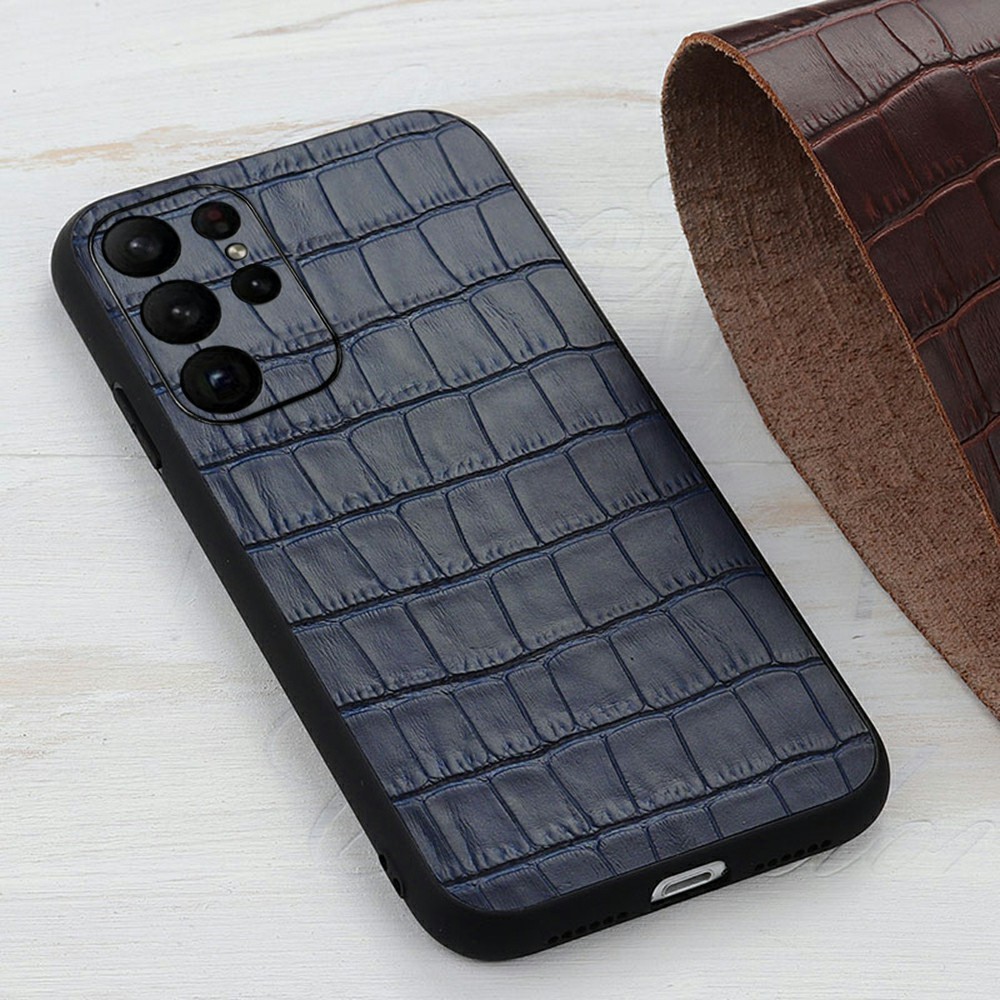  Samsung Galaxy S23 Ultra Skal Äkta Läder Krokodil Textur Blå
