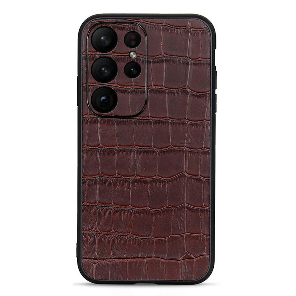  Samsung Galaxy S23 Ultra Skal Äkta Läder Krokodil Textur Brun