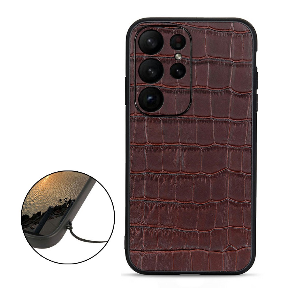  Samsung Galaxy S23 Ultra Skal Äkta Läder Krokodil Textur Brun