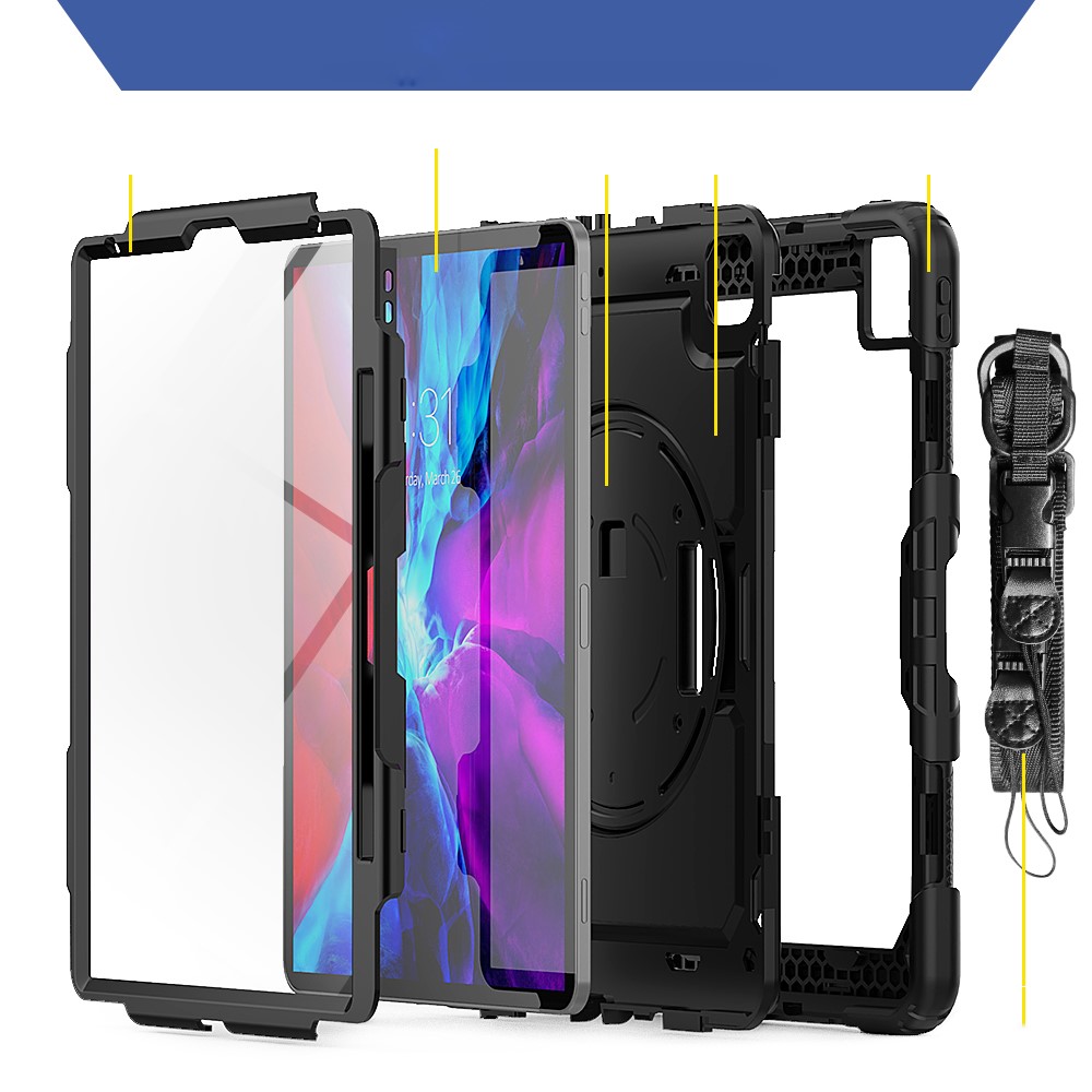  iPad Pro 12.9 Skal 360° Rotation Shockproof Med Rem Svart