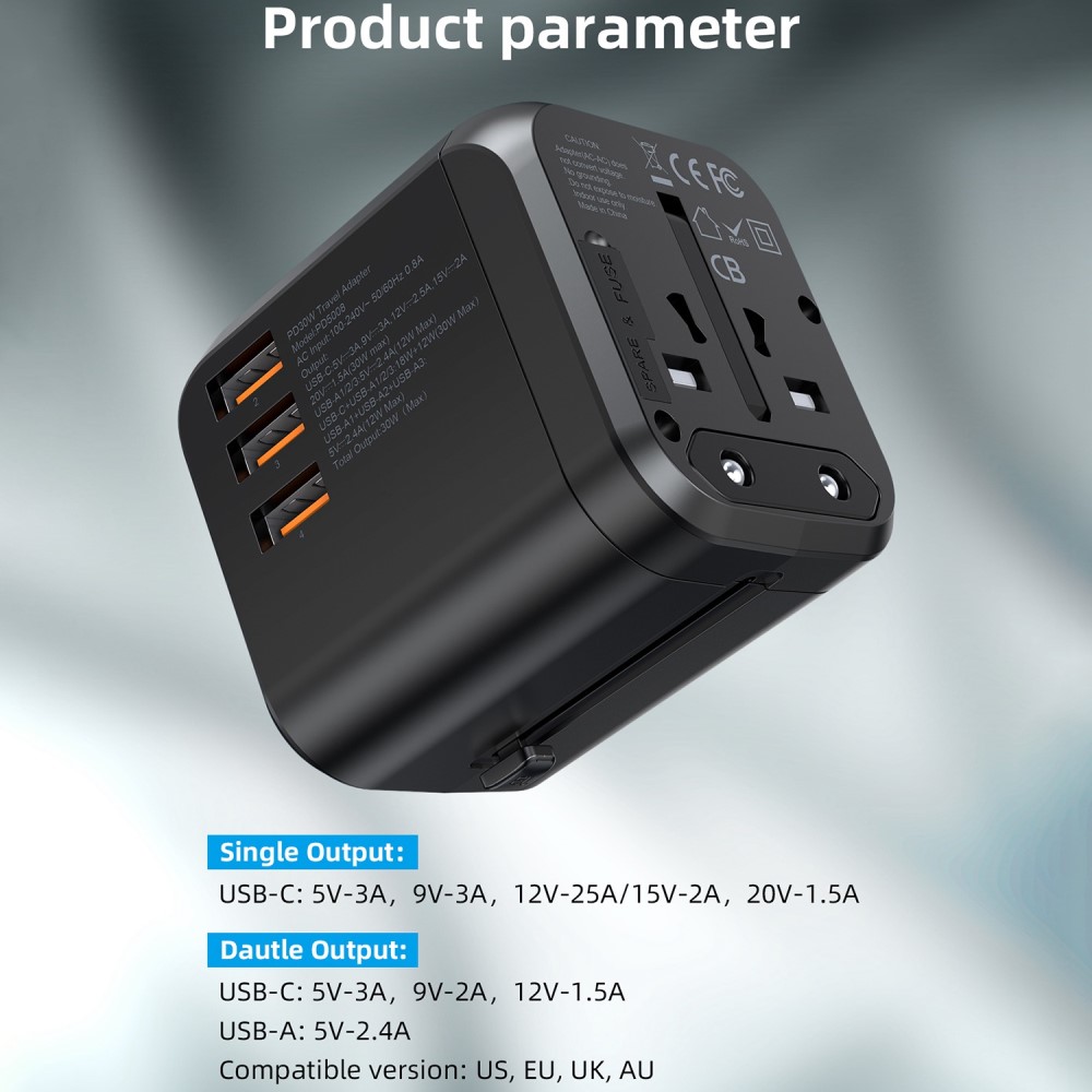 Choetech Choetech 35W PD Reseadapter 3x USB-A 1x USB-C Svart