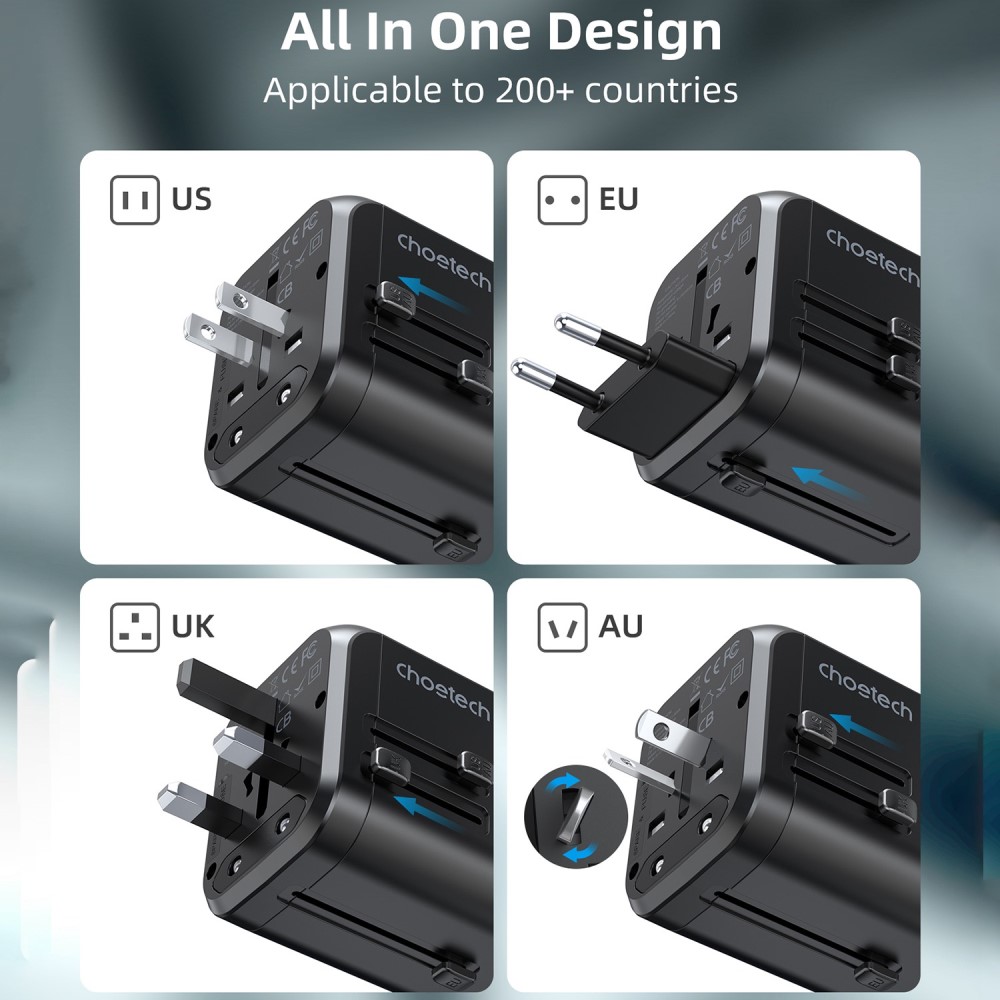 Choetech Choetech 35W PD Reseadapter 3x USB-A 1x USB-C Svart