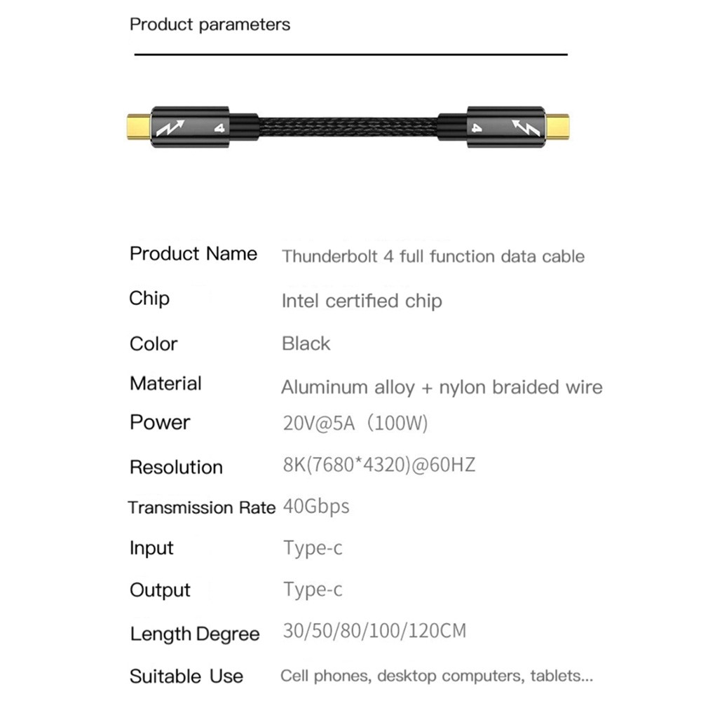  Thunderbolt 4 Kabel 1m USB-C 100W 8K 60Hz PD Svart