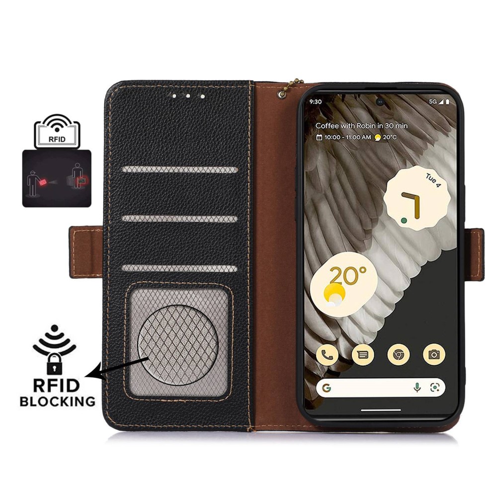  Google Pixel 7A Fodral RFID Äkta Läder Svart