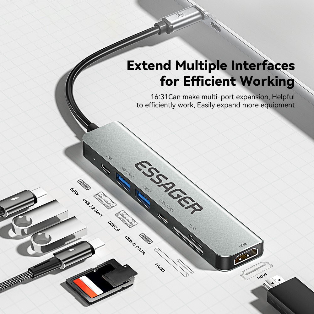 ESSAGER ESSAGER USB-C Hub 60W PD 7-Port Grå