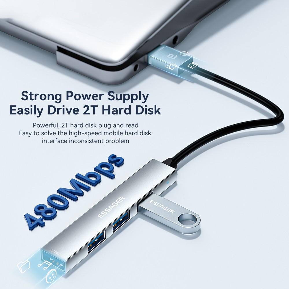 ESSAGER ESSAGER USB-A Hub 4x USB-A 2.0 Portar Aluminium Silver
