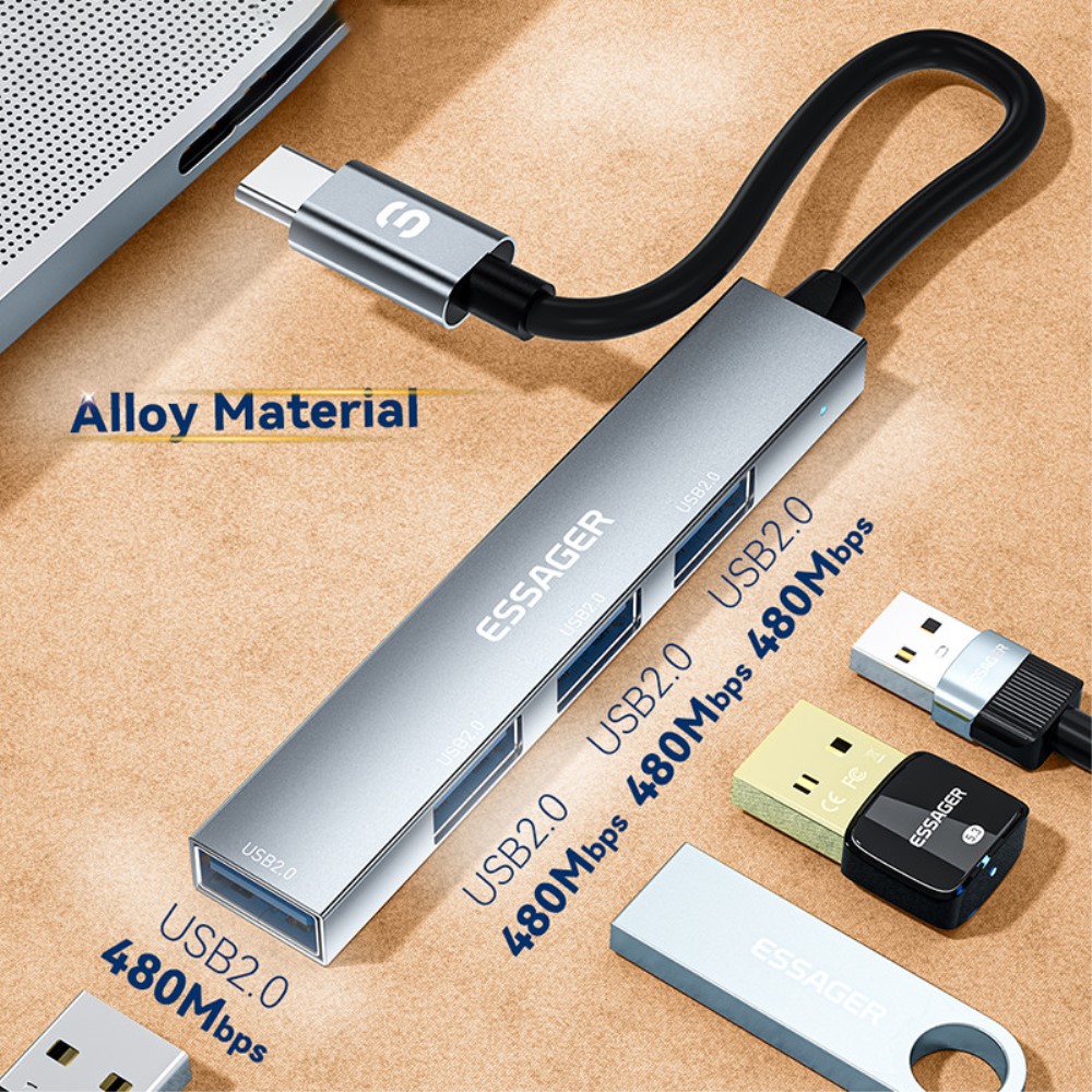 ESSAGER ESSAGER USB-C Hub 4x USB-A 2.0 Portar Aluminium Grå