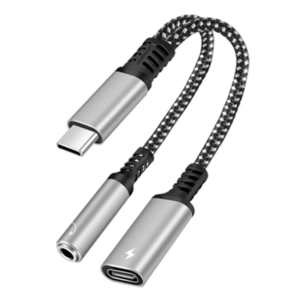  60W PD 2in1 USB-C Till USB-C/AUX-Hona Adapter Silver
