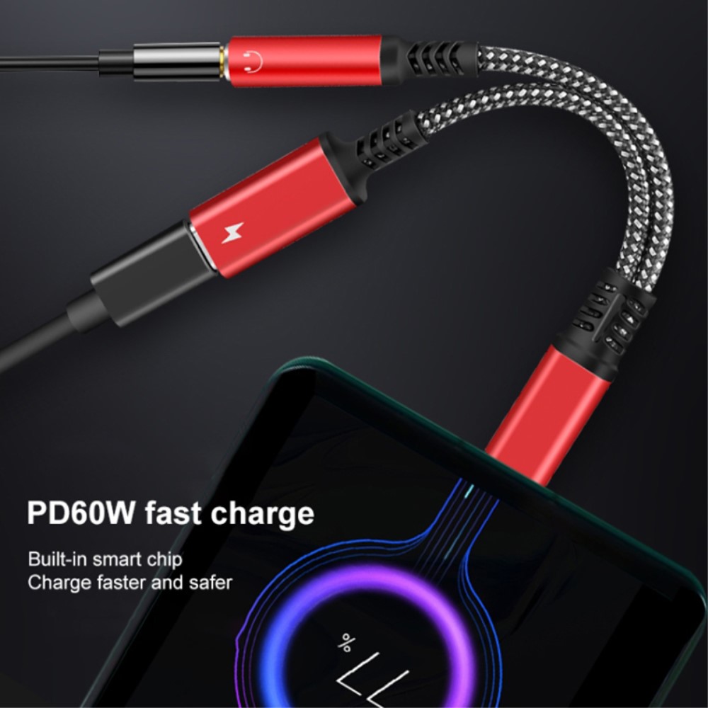  60W PD 2in1 USB-C Till USB-C/AUX-Hona Adapter Silver