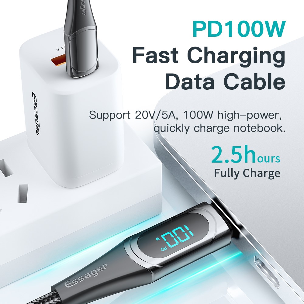 ESSAGER ESSAGER 1m 100W USB-C - USB-C LED Snabbladdning Blå