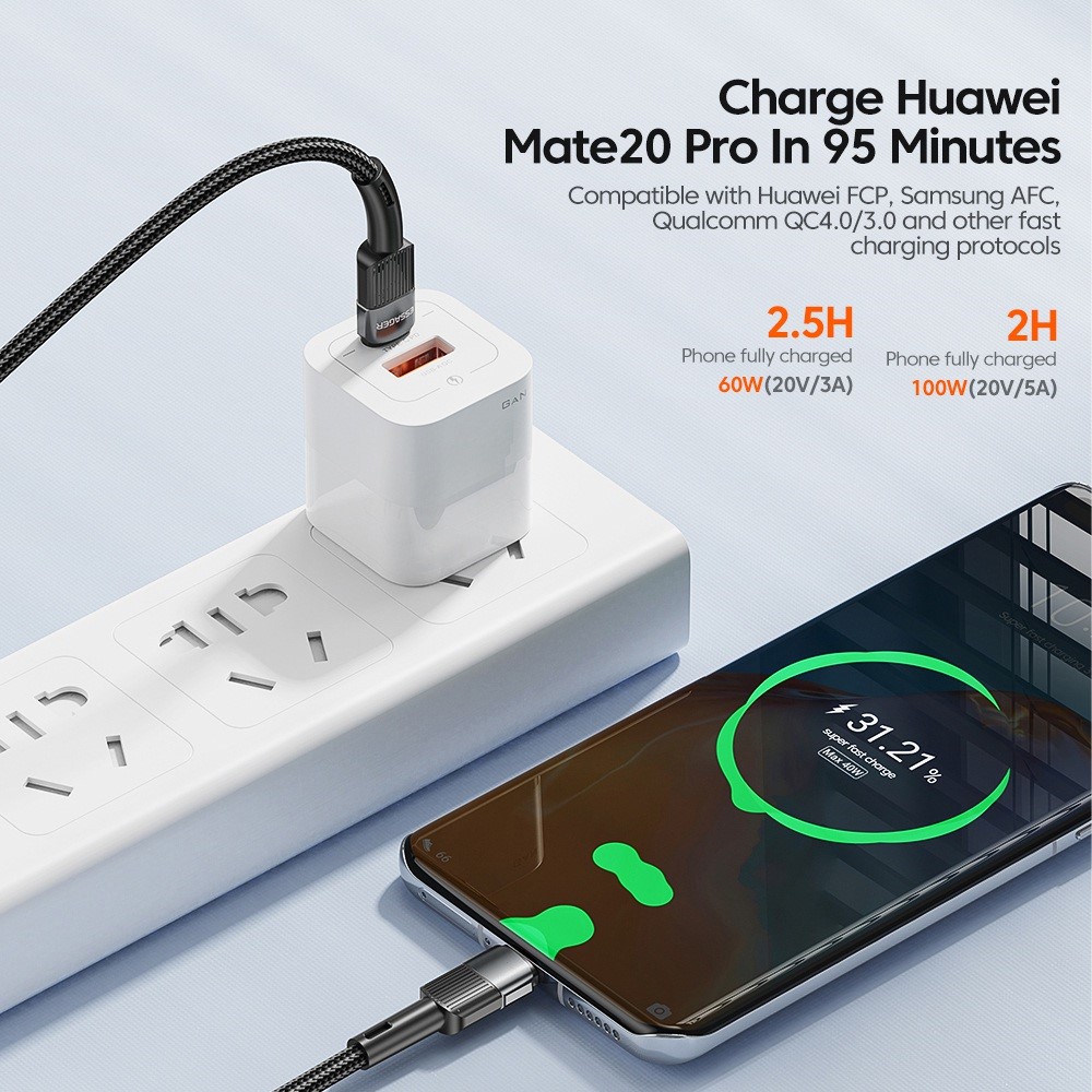 ESSAGER ESSAGER 2m 60W PD USB-C - USB-C Laddningskabel Svart