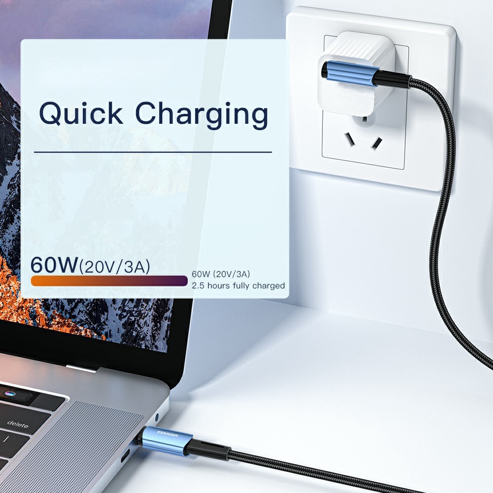 ESSAGER ESSAGER 2m 60W PD USB-C - USB-C Elbow Laddningskabel Svart