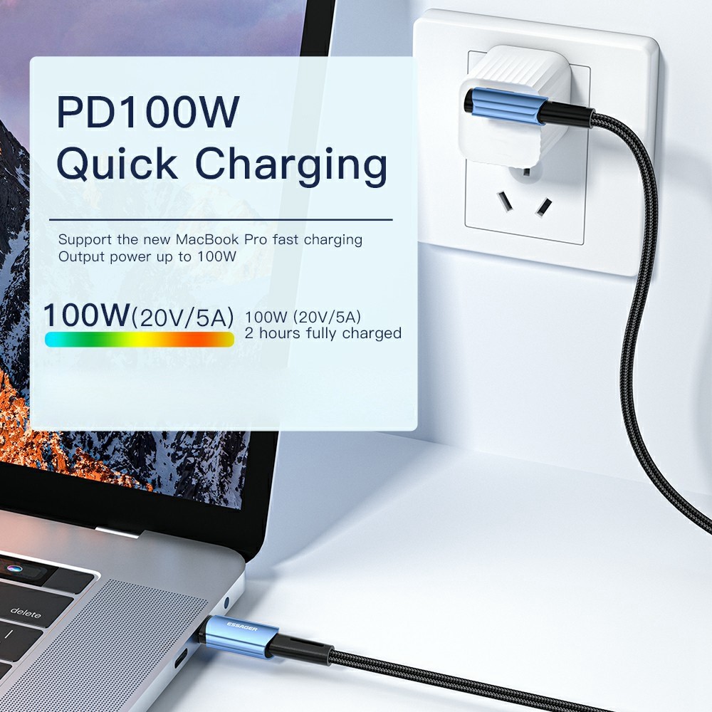 ESSAGER ESSAGER 2m 100W PD USB-C - USB-C Elbow Laddningskabel Svart