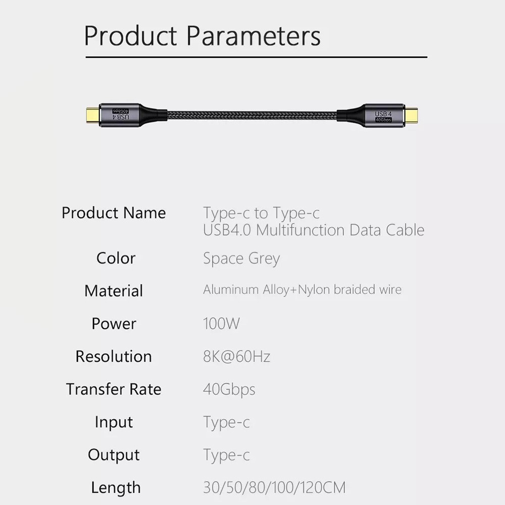  1.2m 100W Thunderbolt 3/4 Kabel USB-C - USB-C 8K/60Hz Svart