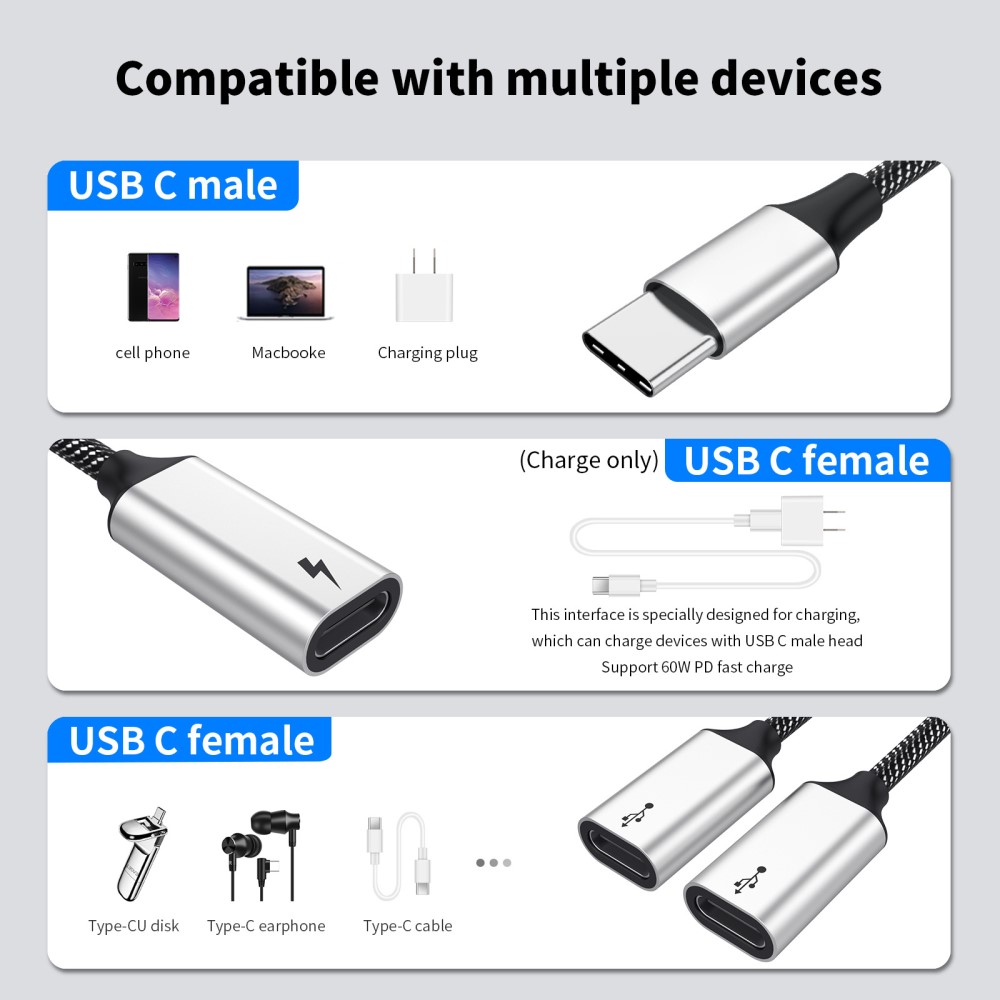  3in1 60W USB-C - 3x USB-C Hona Adapter Silver