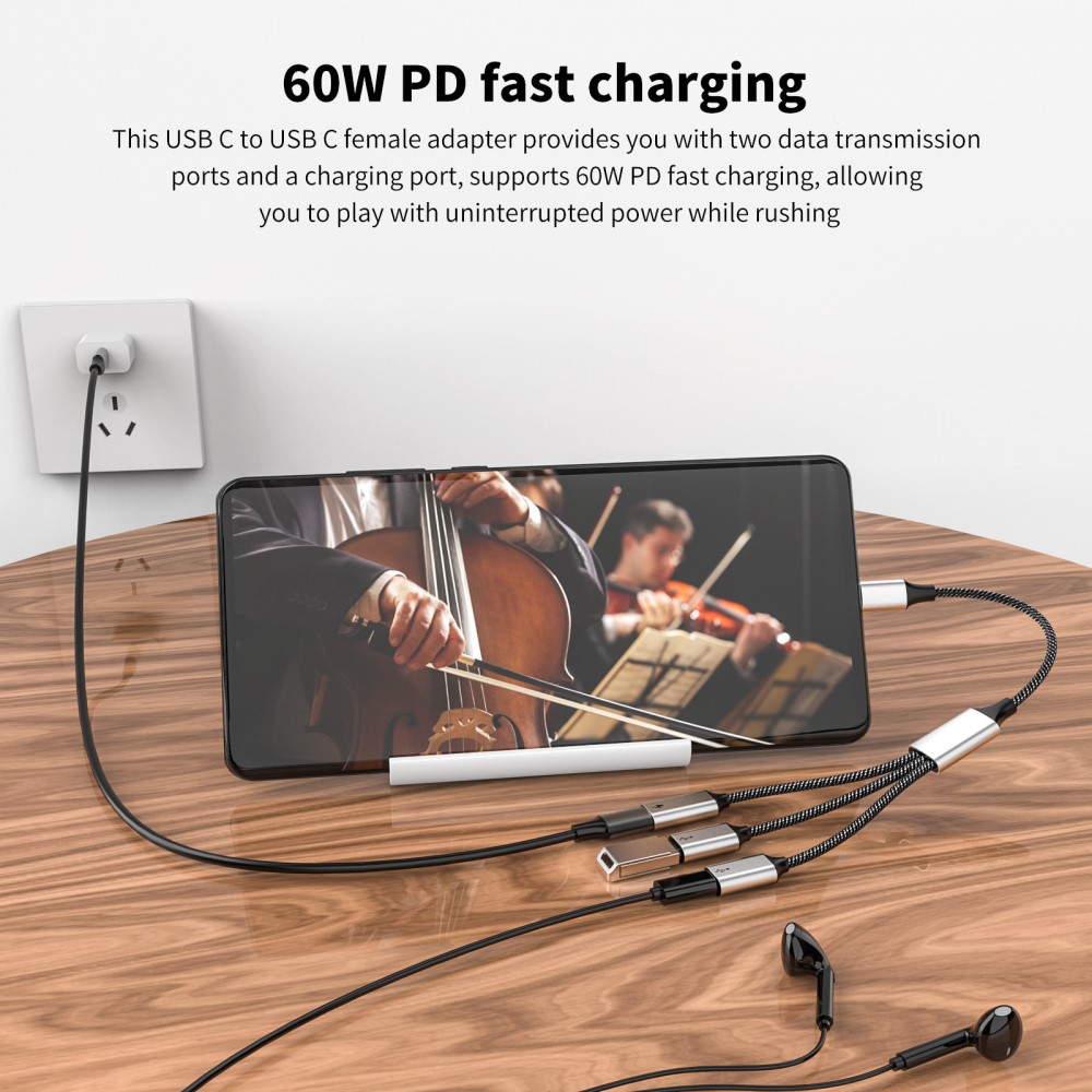  3in1 60W USB-C - 3x USB-C Hona Adapter Silver