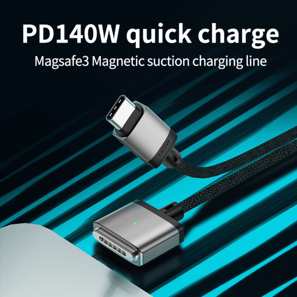  2m 140W USB-C - MagSafe 3 Magnetisk Nylon Kabel Grå