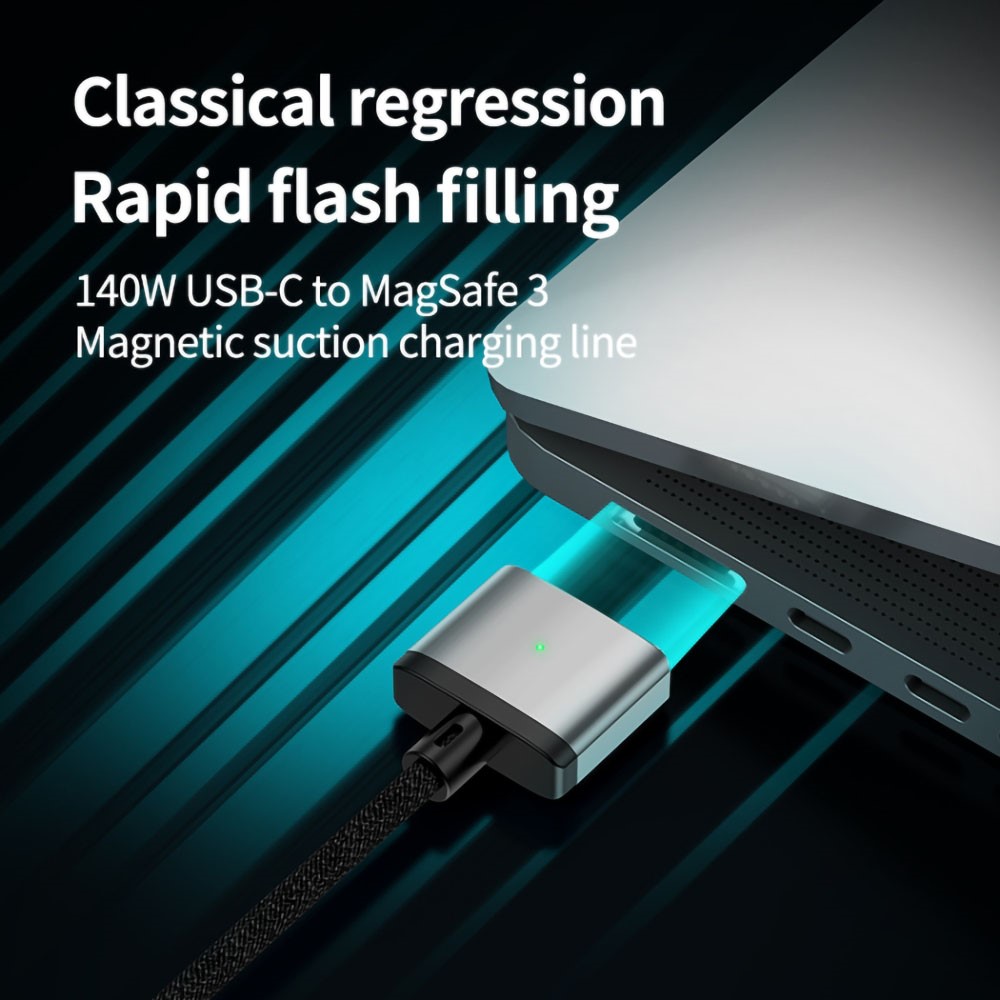  2m 140W USB-C - MagSafe 3 Magnetisk Nylon Kabel Grå
