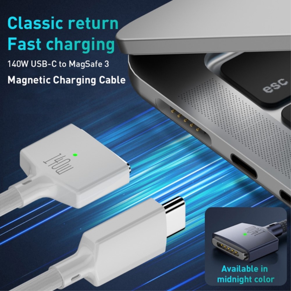  2m 140W PD USB-C - MagSafe 3 Magnetisk Nylon Kabel Blå