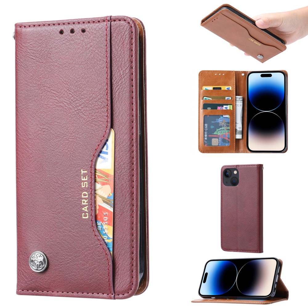  iPhone 15 Fodral Flip Med Frontficka Vinröd