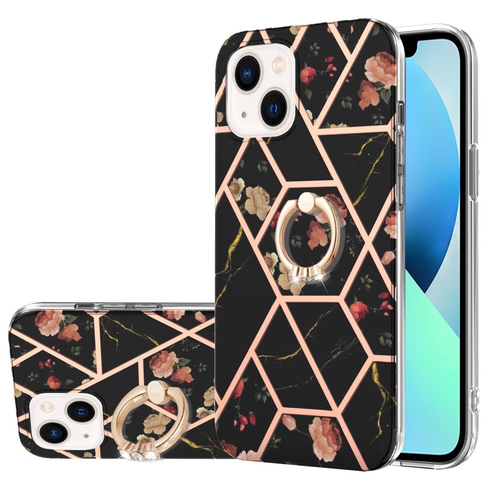  iPhone 15 Skal Marmor Ring Svart Blomma