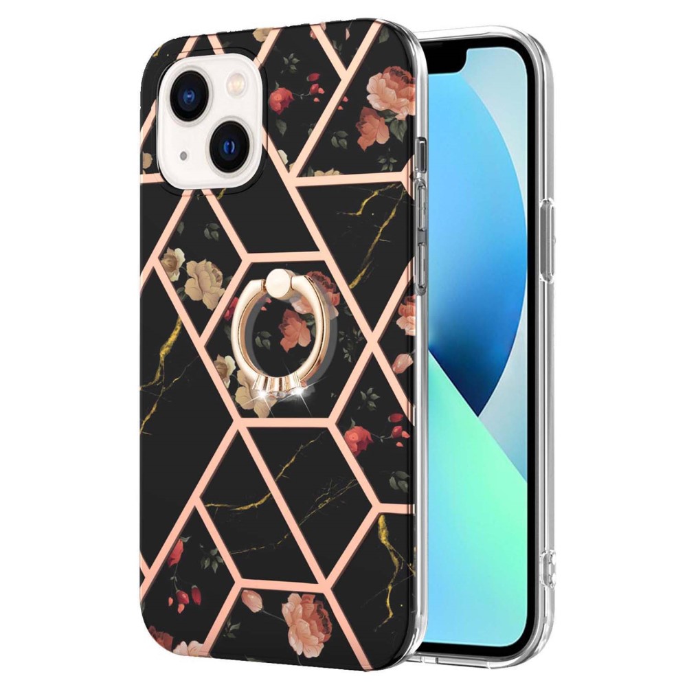  iPhone 15 Skal Marmor Ring Svart Blomma