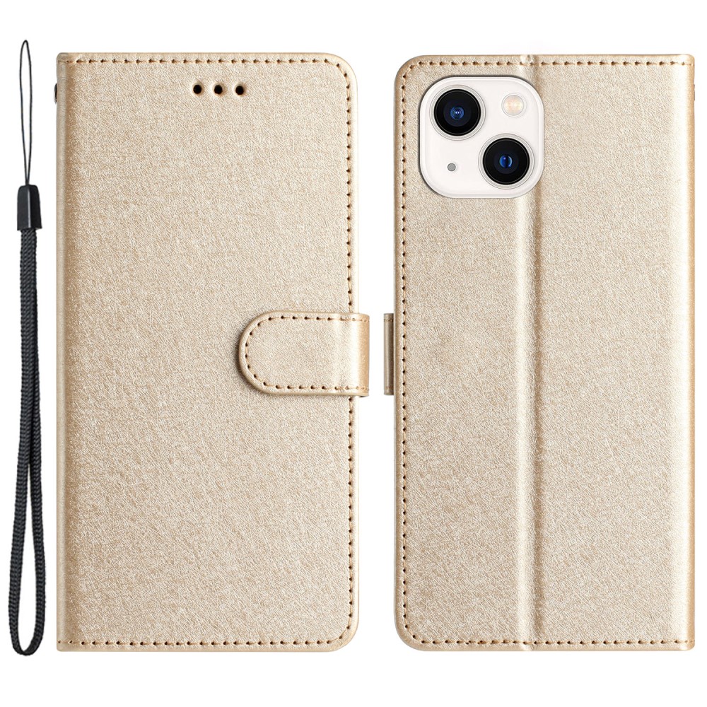  iPhone 15 Plus Fodral Silk Textur Med Snodd Guld