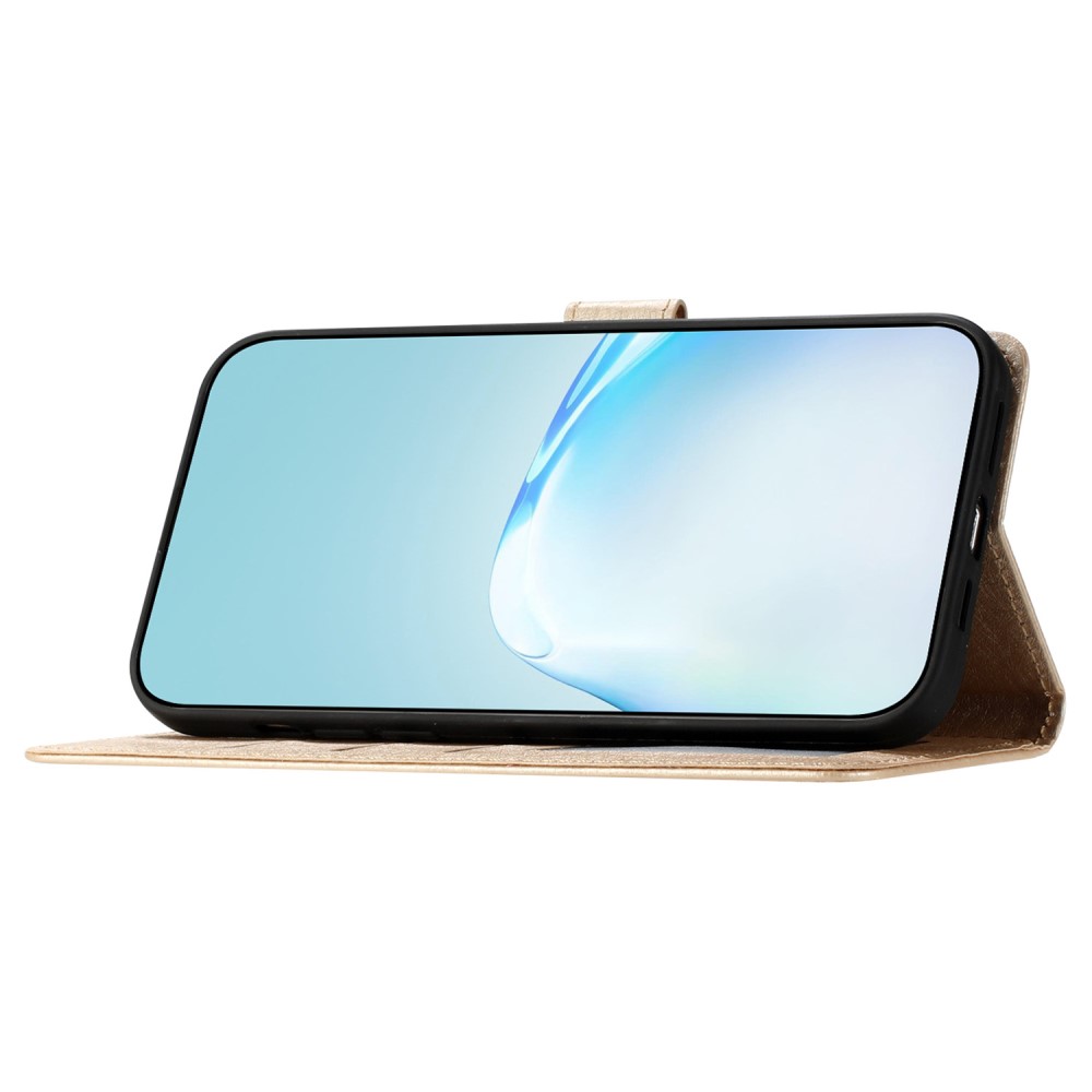  iPhone 15 Plus Fodral Silk Textur Med Snodd Guld