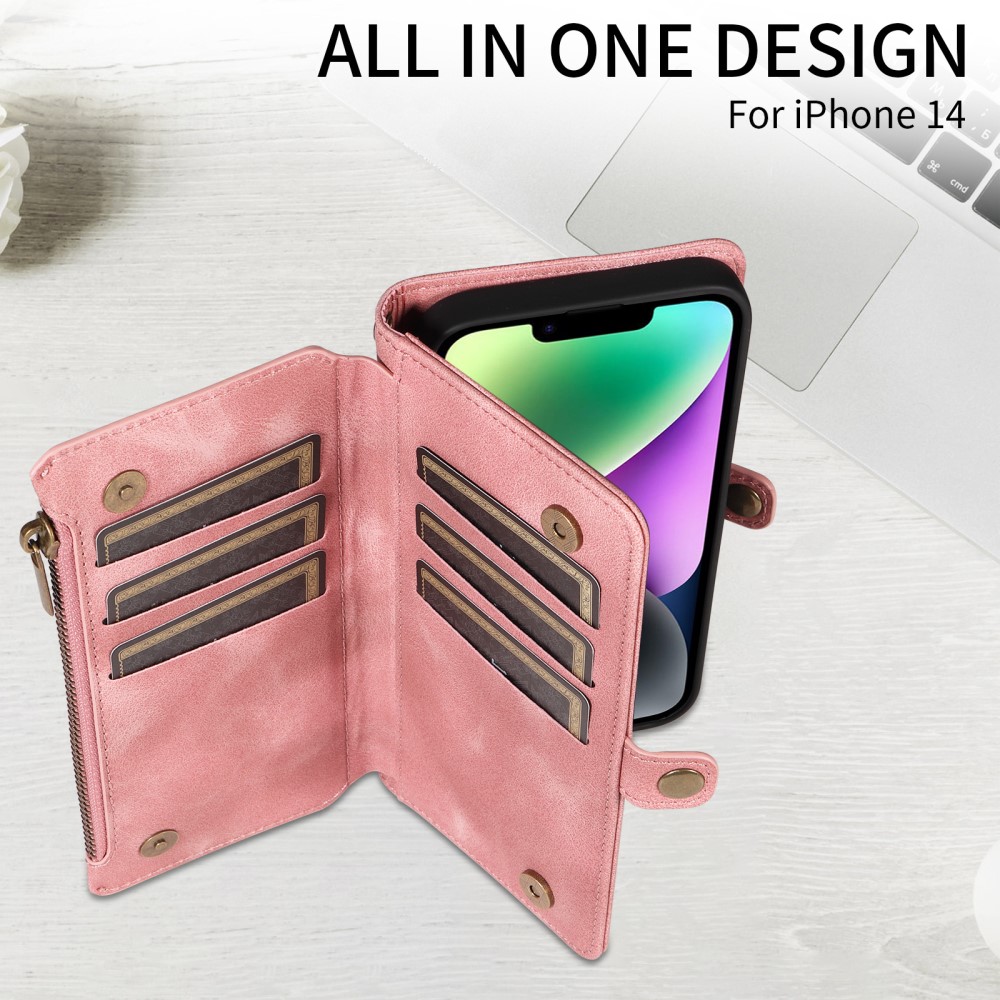  iPhone 15 Plus Fodral RFID Multifunktionell Flerkort Rosa