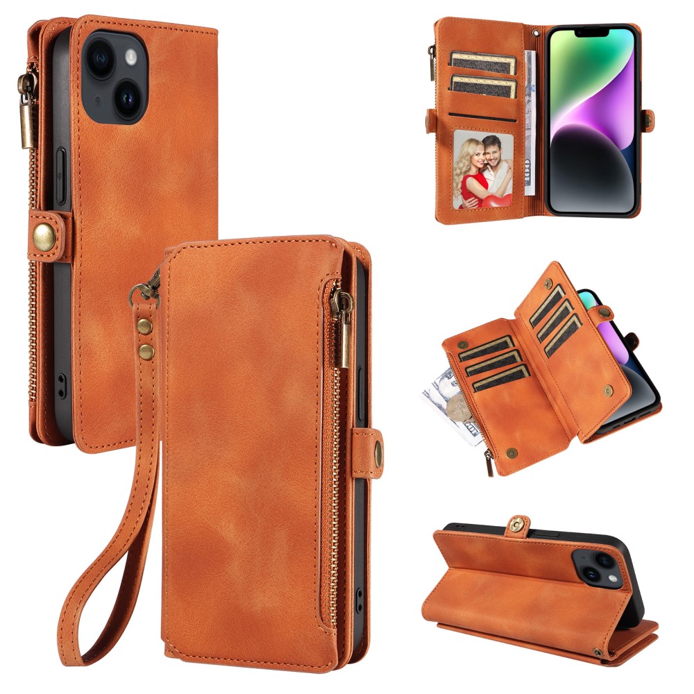  iPhone 15 Plus Fodral RFID Multifunktionell Flerkort Brun