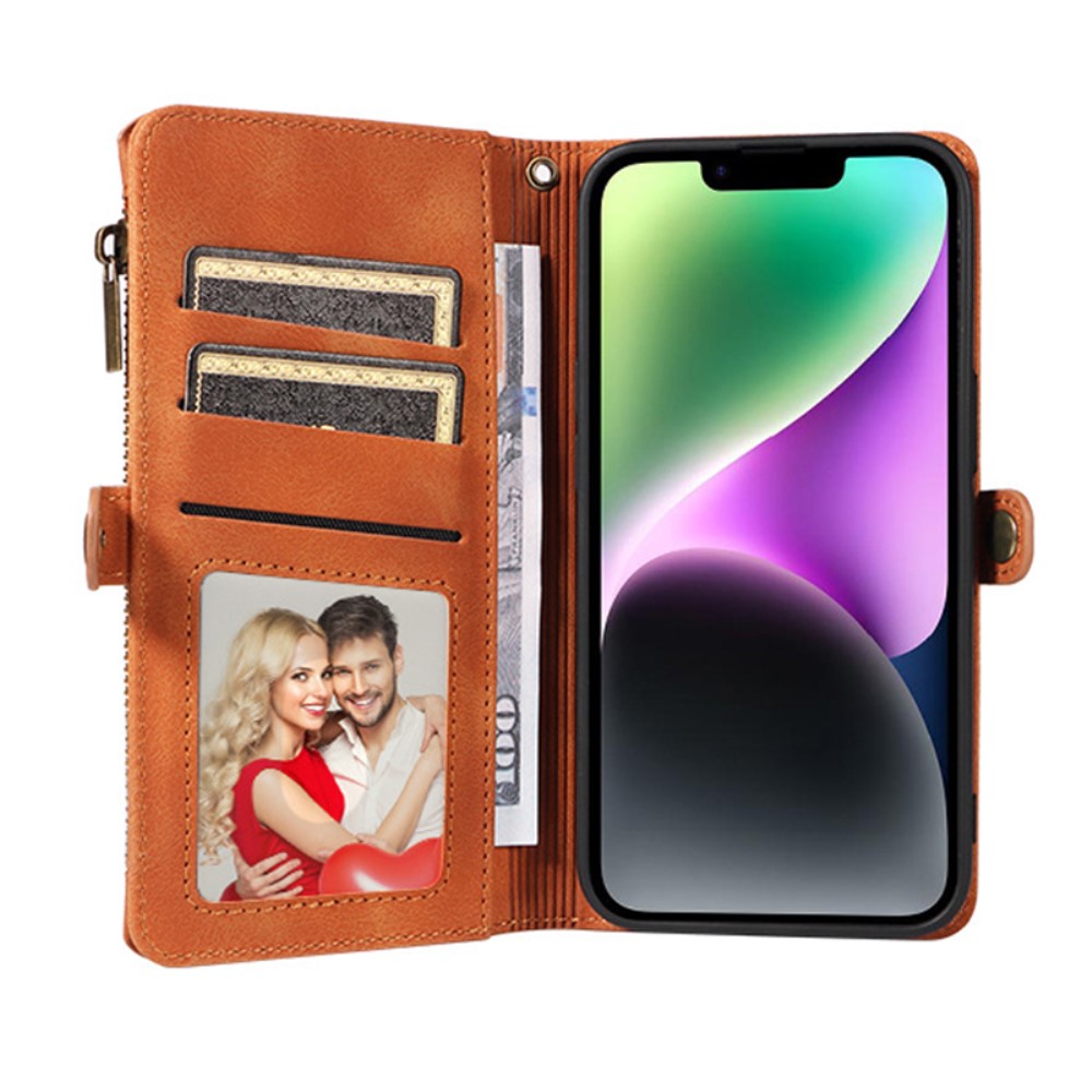  iPhone 15 Plus Fodral RFID Multifunktionell Flerkort Brun