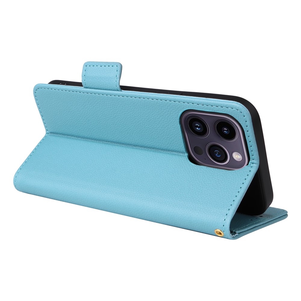  iPhone 15 Plus Fodral Litchi Textur Med Snodd Ljus Blå