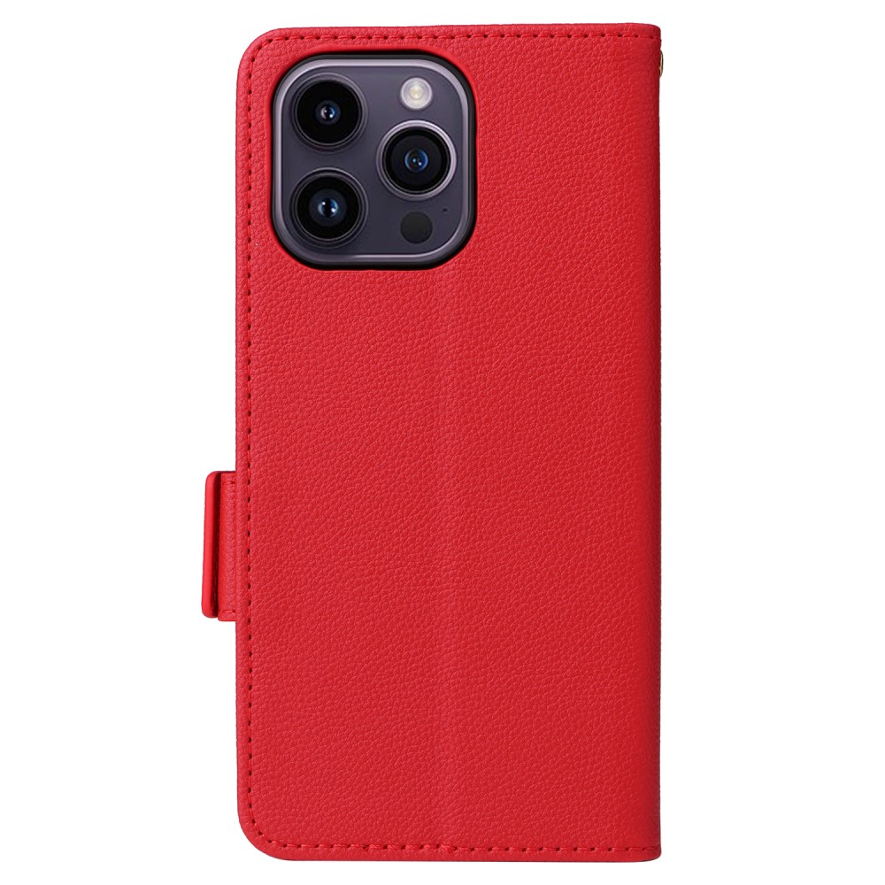  iPhone 15 Plus Fodral Litchi Textur Med Snodd Röd