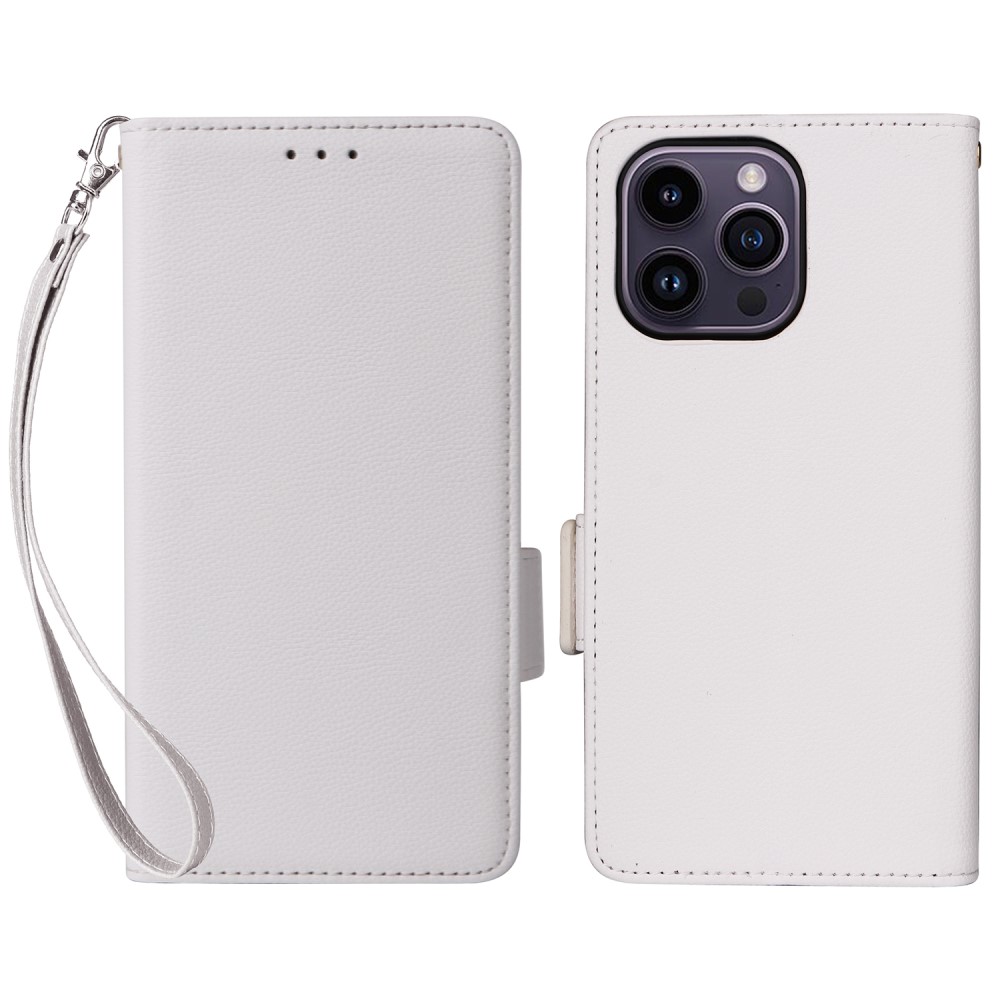  iPhone 15 Plus Fodral Litchi Textur Med Snodd Vit