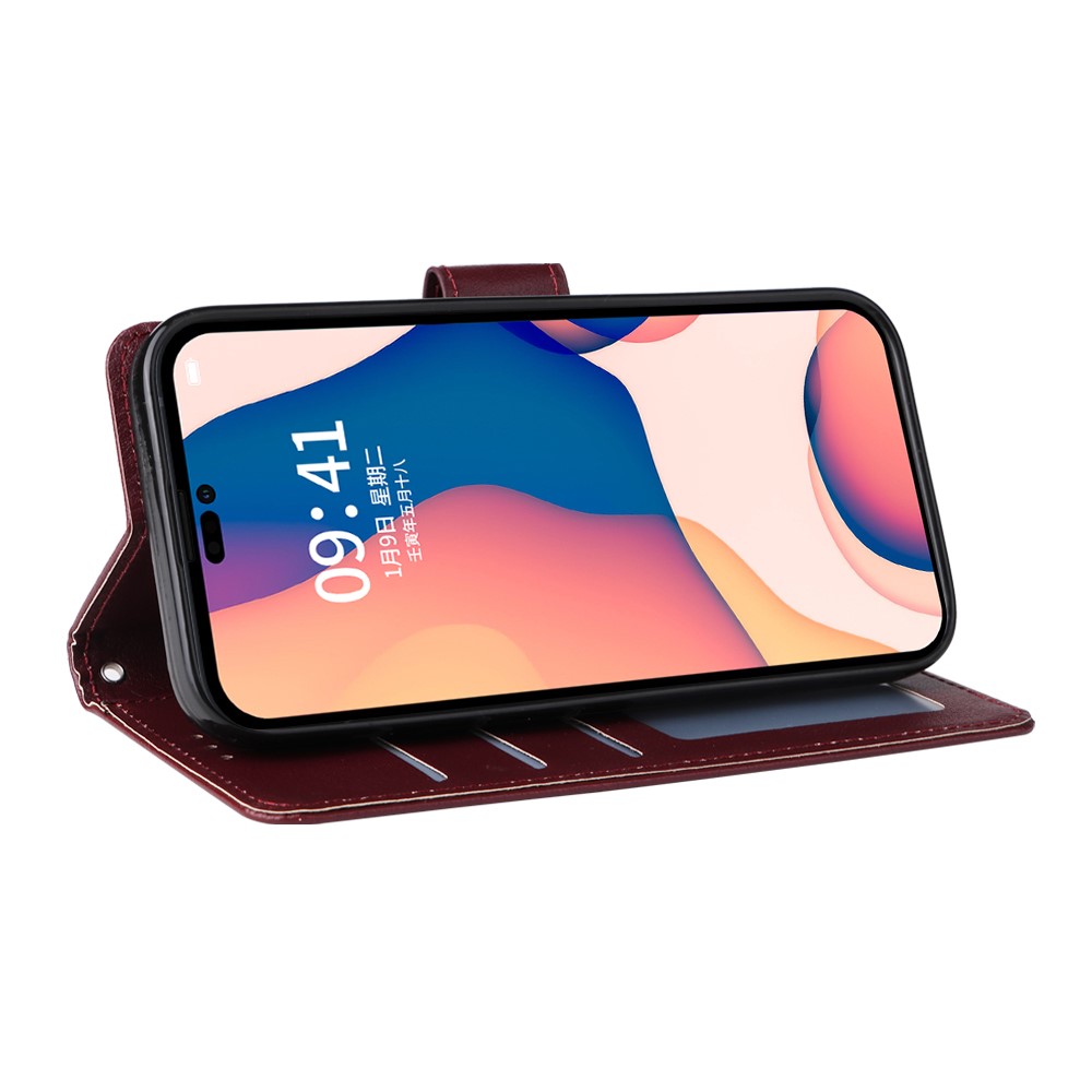  iPhone 15 Plus Fodral Solid Läder Med Snodd Vinröd